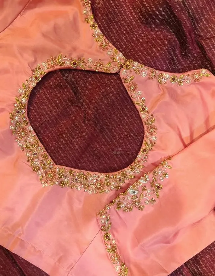 Luxury Peach Pot Neck Blouse Handcrafted Maggam Work Shop Now - Image 3