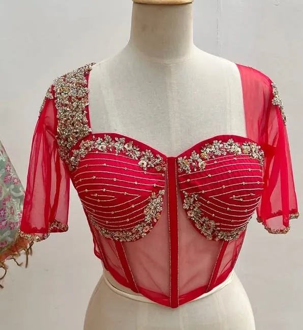 Luxury Red Corset Aari Maggam Work Blouse Shop Designer Bridal Wear Online - Image 2