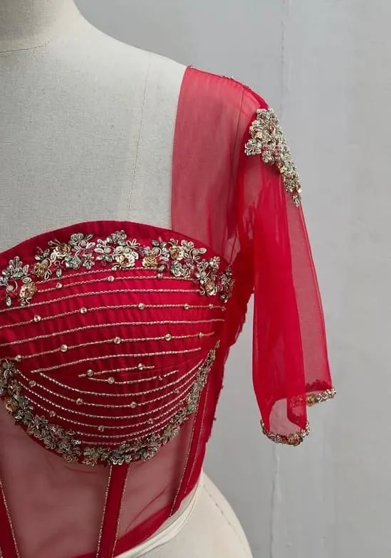 Luxury Red Corset Aari Maggam Work Blouse Shop Designer Bridal Wear Online - Image 4