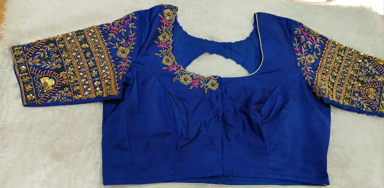 Luxury Royal Blue Bridal Silk Blouse  Handcrafted Maggam Work