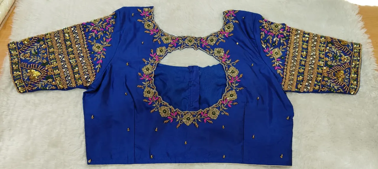 Luxury Royal Blue Bridal Silk Blouse Handcrafted Maggam Work - Image 2