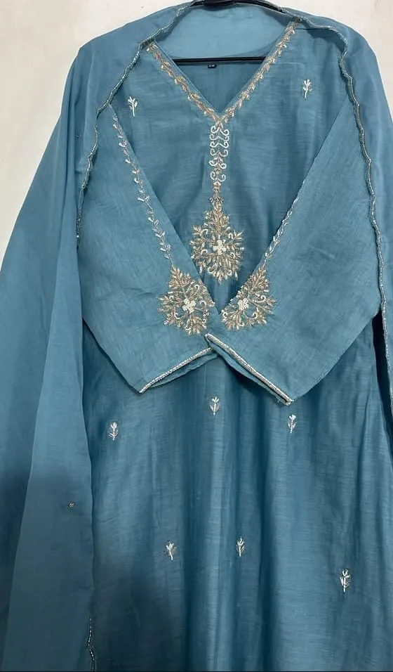 Majestic Maggam Bespoke Pastel Blue Long Anarkali Set  Exquisite Hand Embroidered Ethnic Wear