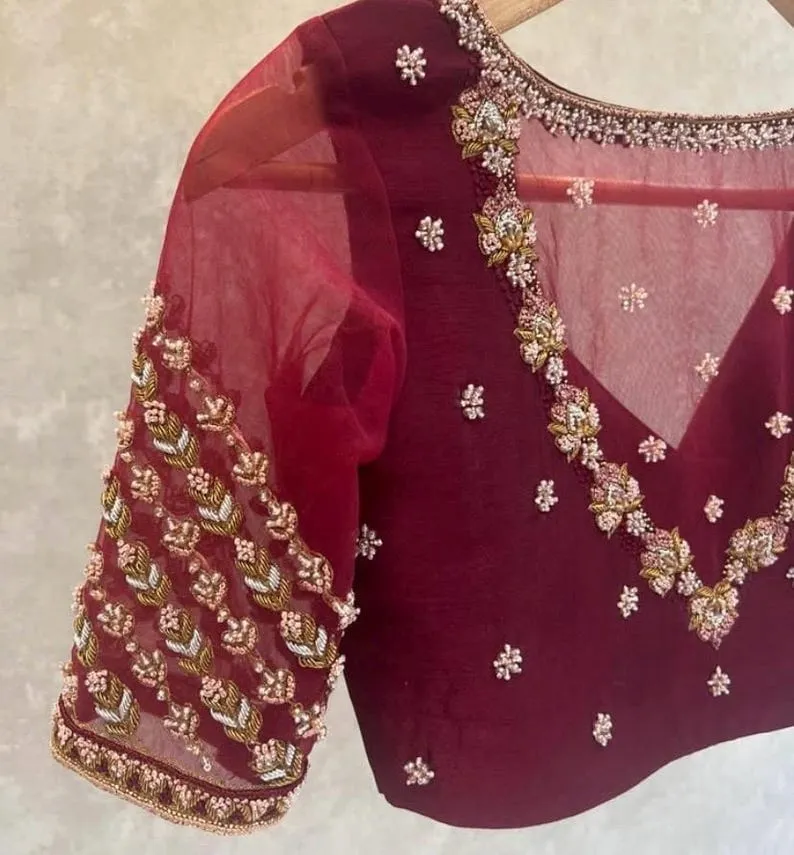 Maroon Raw Silk Zardosi Maggam Work Blouse  Pearl Net Design at a Budget Price