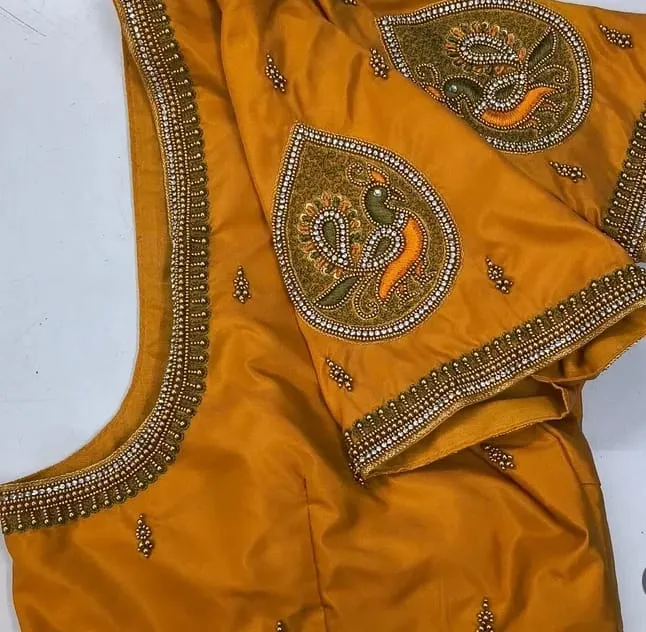 Mustard Yellow Peacock Maggam Work Blouse Latest Designer Bridal Look at Affordable Price