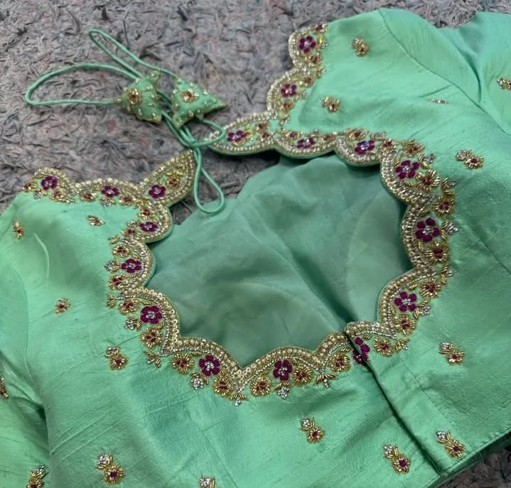 New Arrival Chic Mint Green Cutwork Blouse Steal Maggam Work On Sale - Image 2