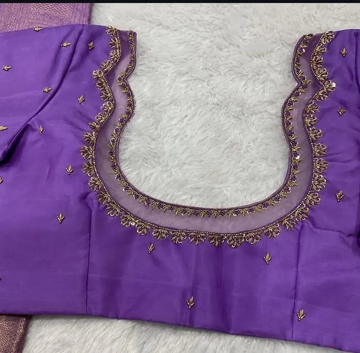 New Lavender Net Blouse Maggam Work Affordable Price - Image 3