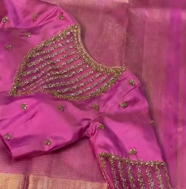 Onion Pink Net Lines Maggam Work Blouse Trendsetting Back Neck Design Under Budget