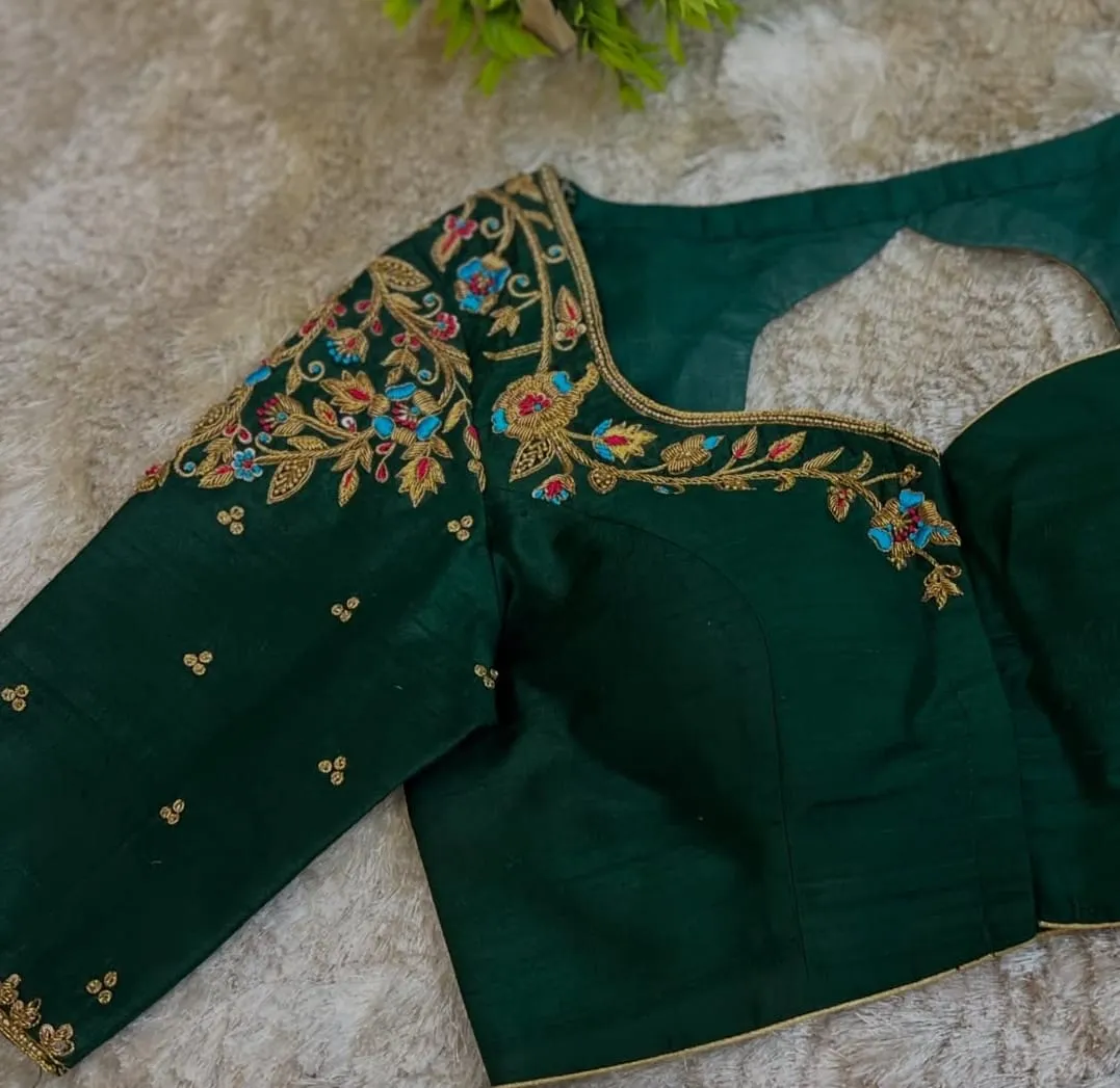Online Exclusive Bottle Green Designer Blouse  High Neck, Zardosi Maggam Aari Work