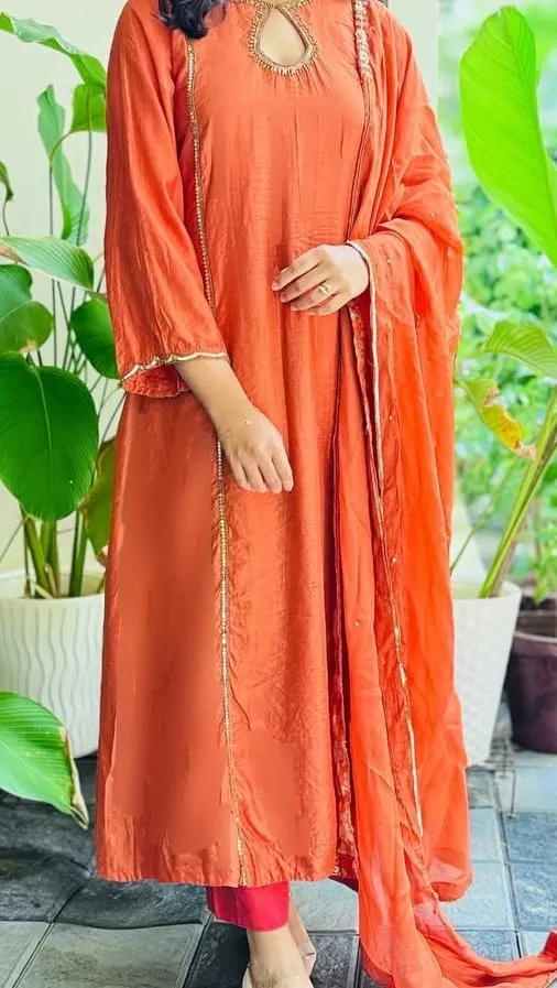 Orange Designer Long Anarkali Suit with Maggam Work  HighQuality FullSleeves Premium Fit