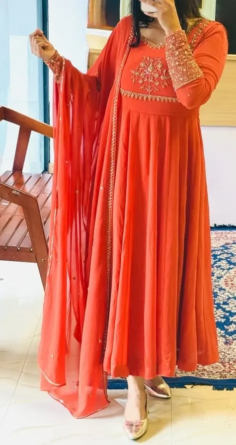 Orange Designer Maggam Work Anarkali  FullSleeves Premium Look Under Budget