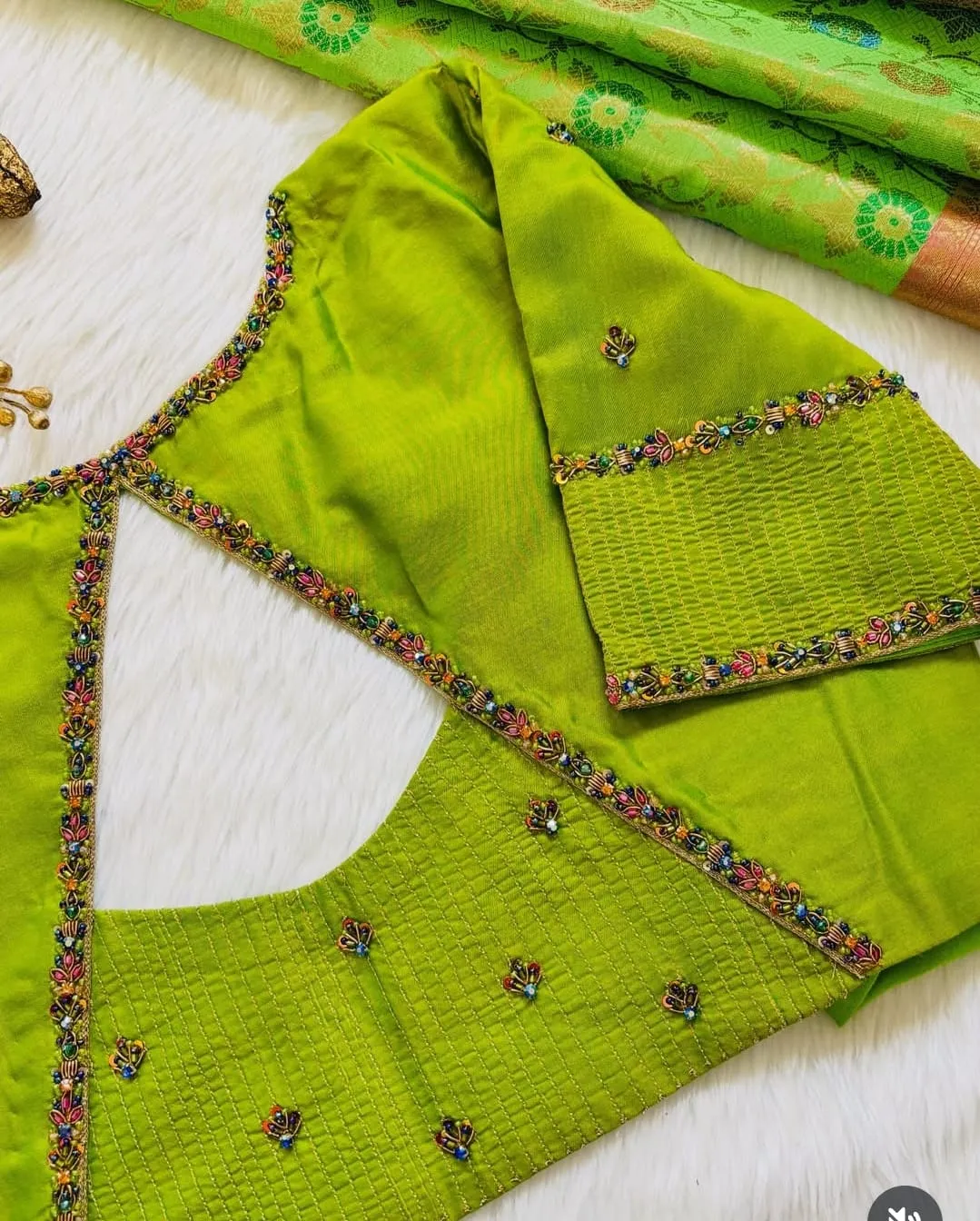 Parrot Green Zardosi Maggam Work Blouse  Simple Yet Grand Bridal Elegance