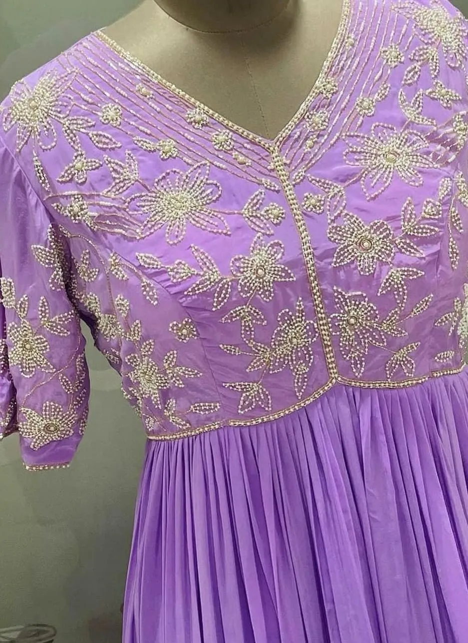 Party-Ready Lilac Long Frock Gown  Designer Maggam Aari Work Customised for You