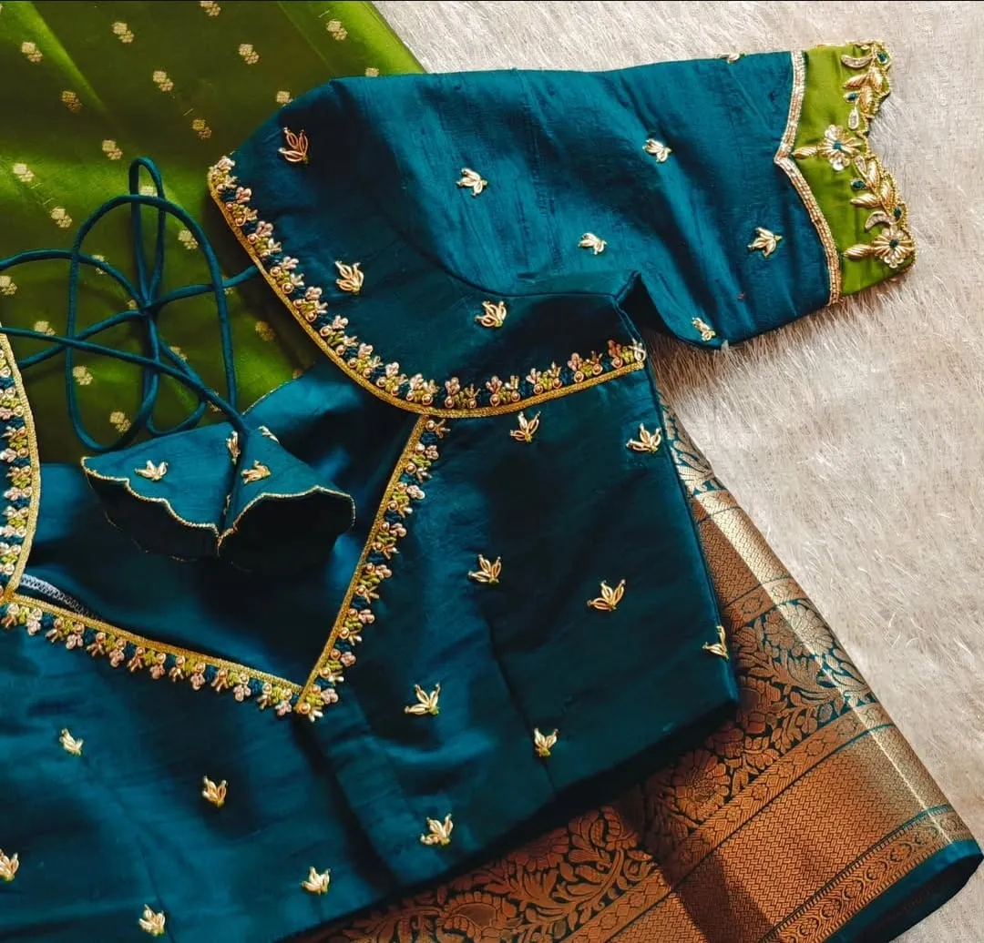 Peacock Blue Cutwork Maggam Aari Work Saree Blouse Designer Party Wear Customized Blouse Online