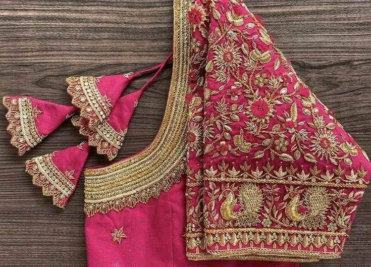 Pink Peacock Grandeur Exquisite Maggam Work Blouse  Handcrafted Luxury Silk Wedding Attire.