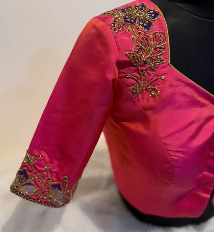 Pinkish Red Appliqué Maggam Work Blouse Under Budget  Premium Designer Look