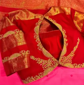 Traditional Bridal Maggam Work Blouse in Red and Gold