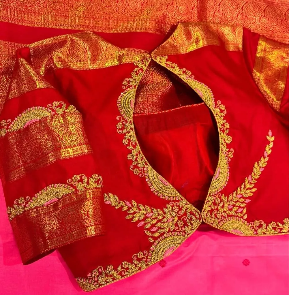 Traditional Bridal Maggam Work Blouse in Red and Gold