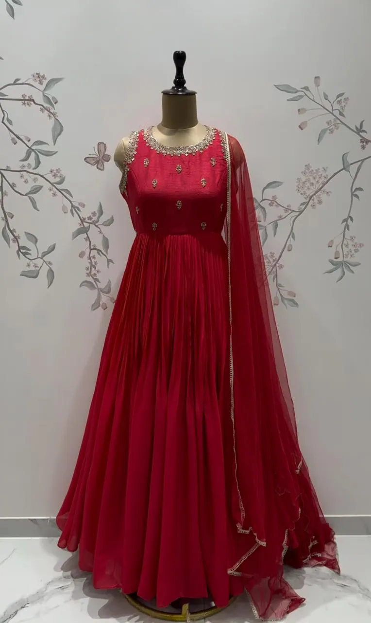 Red Maggam Work Party Frock with Dupatta  Classy Designer Outfit Under Budget