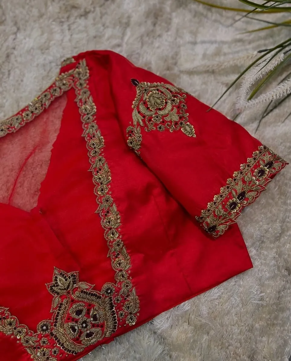 Red Net Bridal Blouse with Zardosi Motifs Designer Maggam Work Wedding Blouse