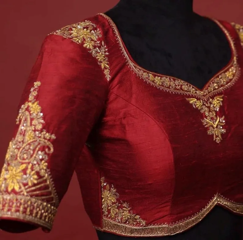 Reddish Maroon Raw Silk Zardosi Maggam Blouse  Elegant Designer Look Under Budget