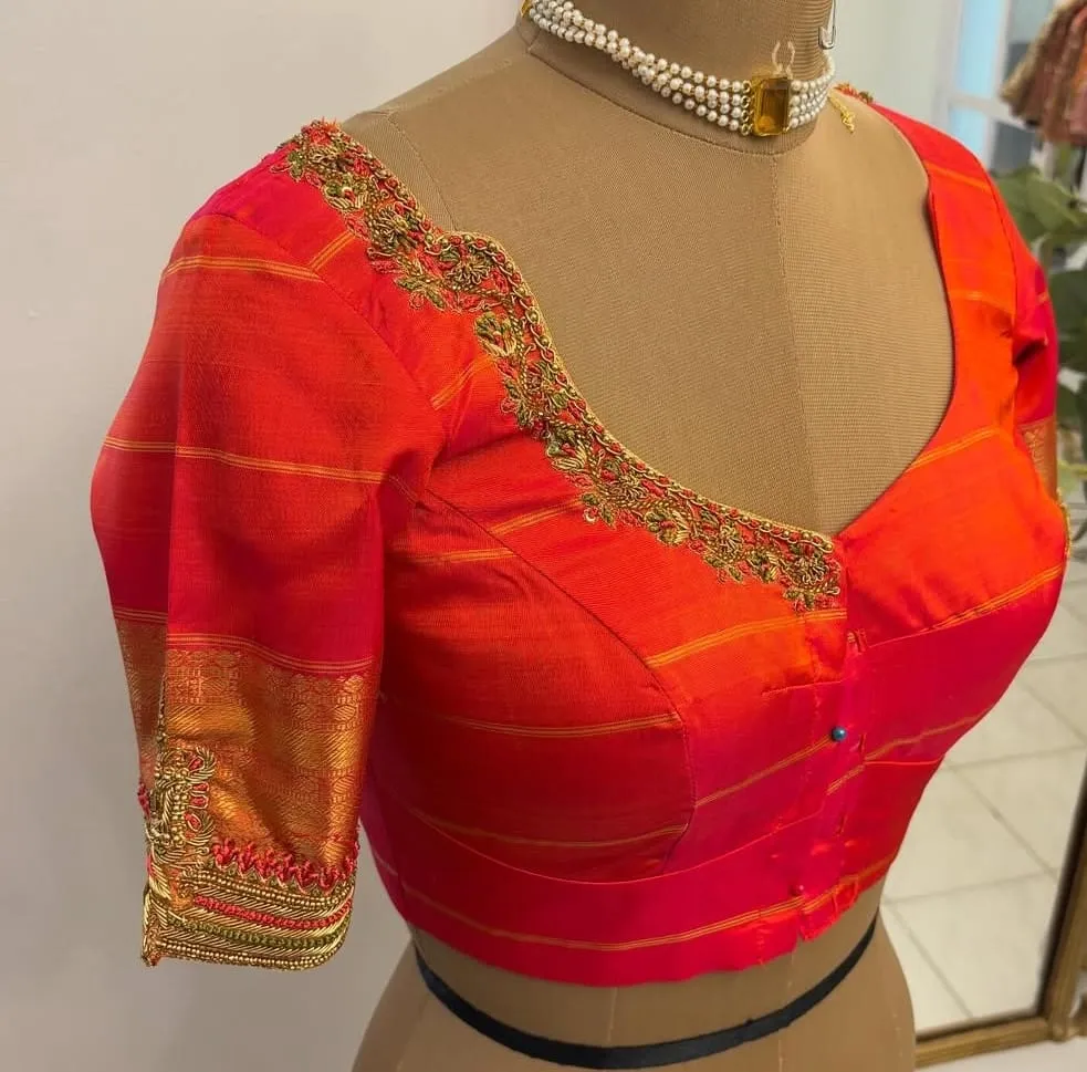 Reddish Orange Wedding Maggam Work Blouse  Elegant Bridal Blouse Design