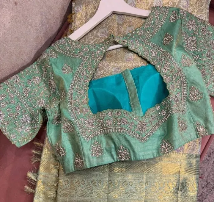 Regal Turquoise Silk Bridal Blouse Handcrafted Maggam  Stone Work Exclusive Wedding Wear Design