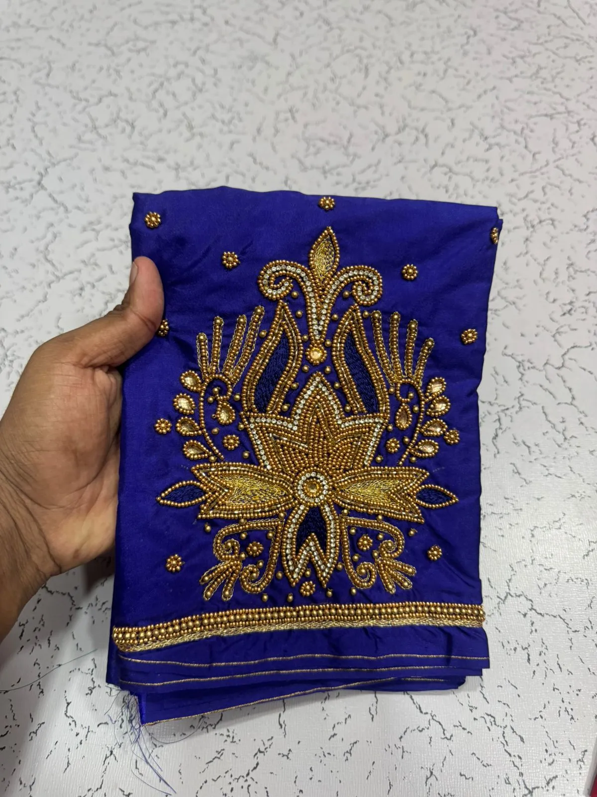 Royal Blue Beads Maggam Work Blouse  Latest Simple Flower Design for Party Wear
