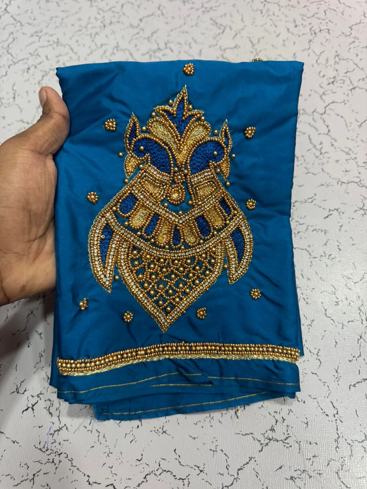 Royal Blue Beads Maggam Work Blouse Latest Simple Flower Design for Party Wear - Image 2