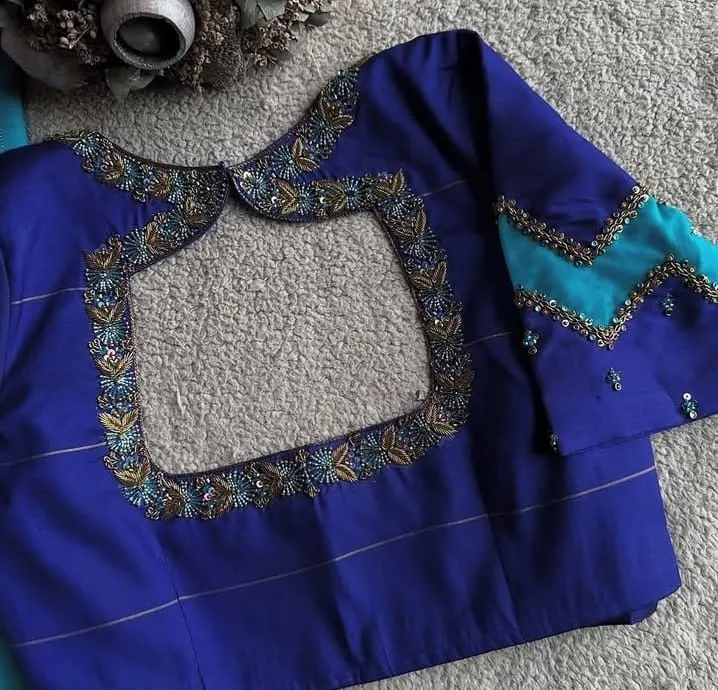 Royal Blue Designer Net Blouse Maggam Work Bridal  Under Budget Price