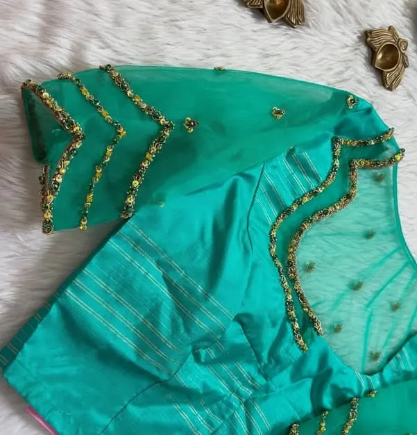 Shop Luxury Rama Green Net Maggam Blouse Handcrafted Net Aariwork for Weddings - Image 2