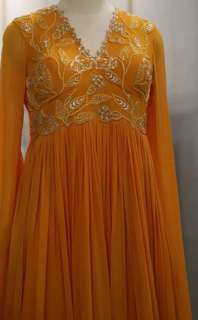 Show-Stopping Orange Maggam Work Long Dress for Weddings & Events