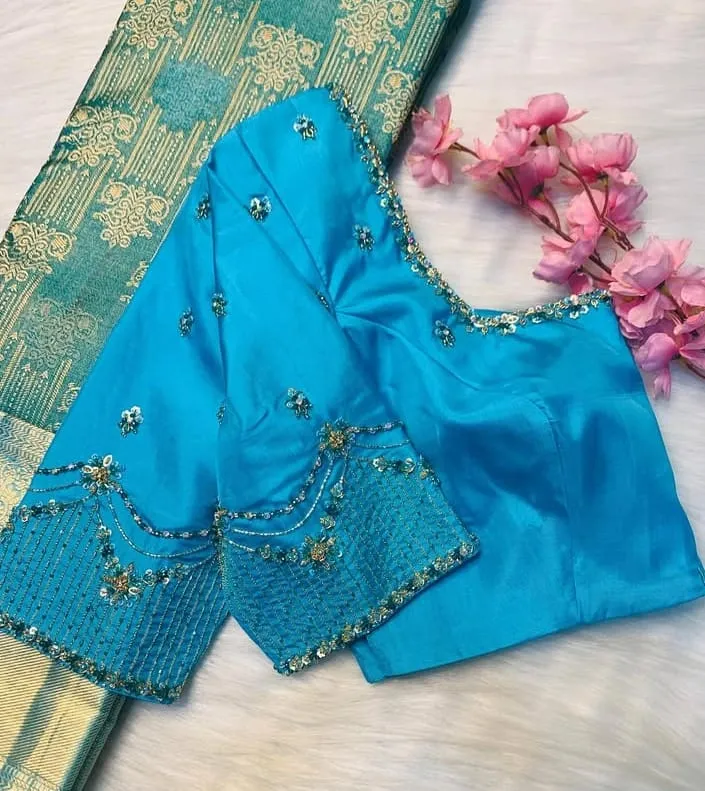 Sky Blue Bridal Maggam Work Blouse Exclusive Craftsmanship for Special Occasions - Image 2