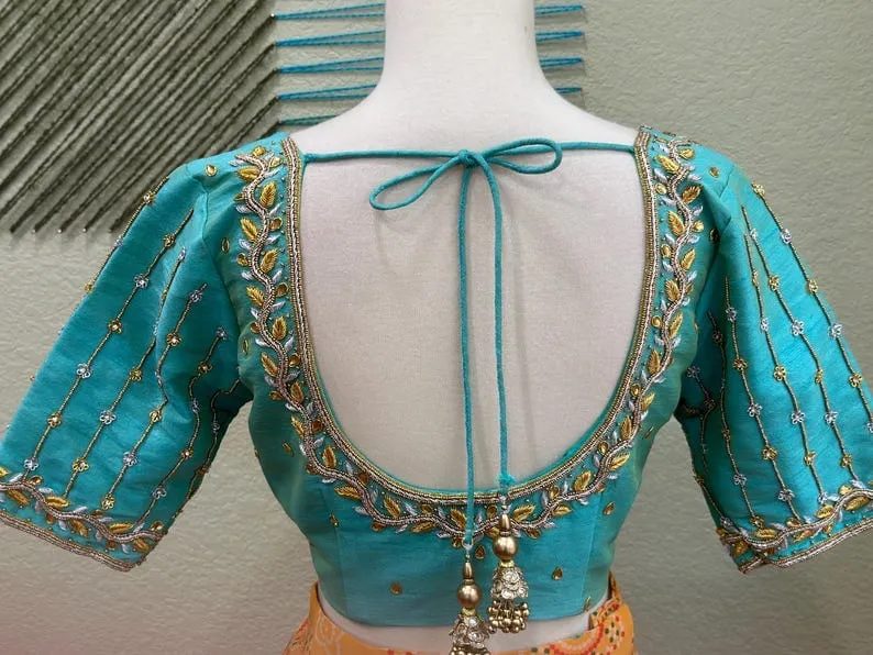 Sky Blue Zardosi Maggam Blouse  Trending Lines Pattern at an Affordable Price