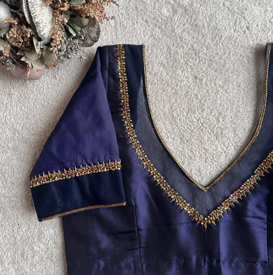 Sophisticated Navy Blue Net Maggam Work Blouse with Deep Back Neck