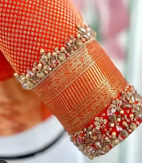 Stunning Affordable Orange Designer Blouse for Weddings Sangeet Zardosi Maggam - Image 3