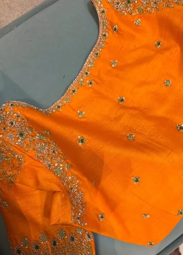 Stunning Affordable Orange Maggam Work Bridal Blouse Latest Wedding Design Under Your Budget - Image 2