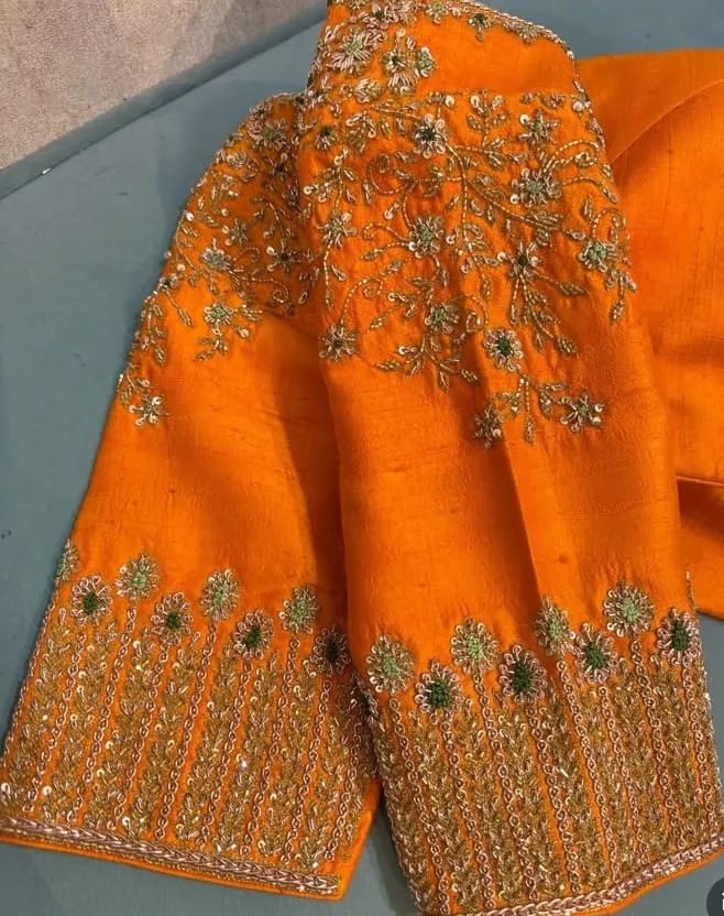 Stunning Affordable Orange Maggam Work Bridal Blouse Latest Wedding Design Under Your Budget - Image 3