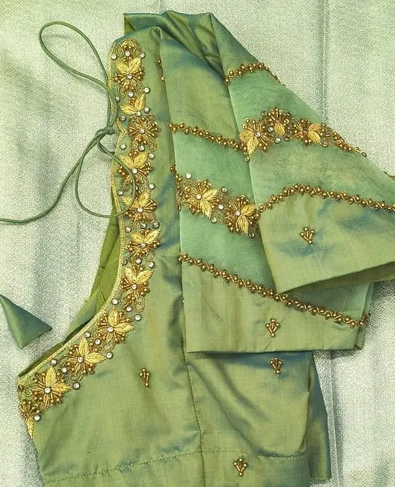 Stunning Green Layered Maggam Work Saree Blouse