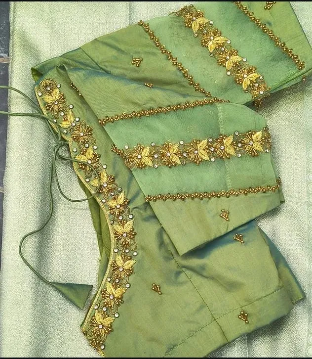 Stunning Green Layered Maggam Work Saree Blouse - Image 2