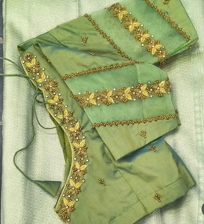 Stunning Green Layered Maggam Work Saree Blouse - Image 3