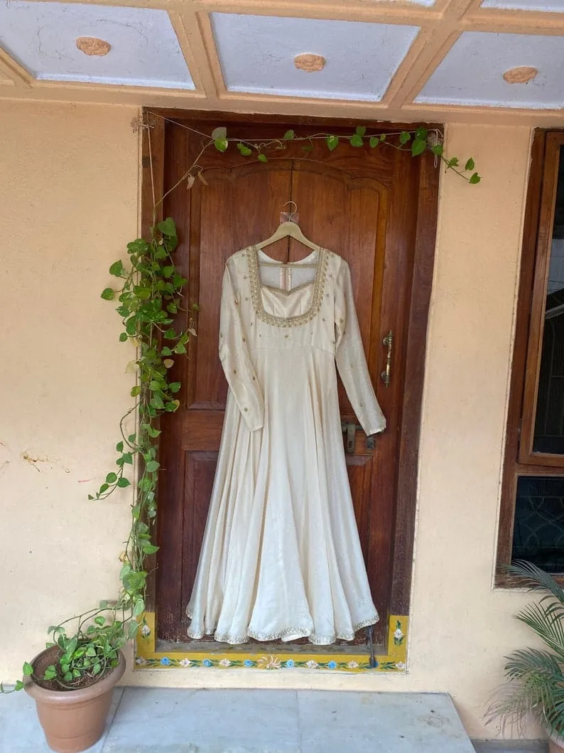 Stunning Halfwhite Maggam Work Long Gown  Customised Party Wear for Elegance  Glam