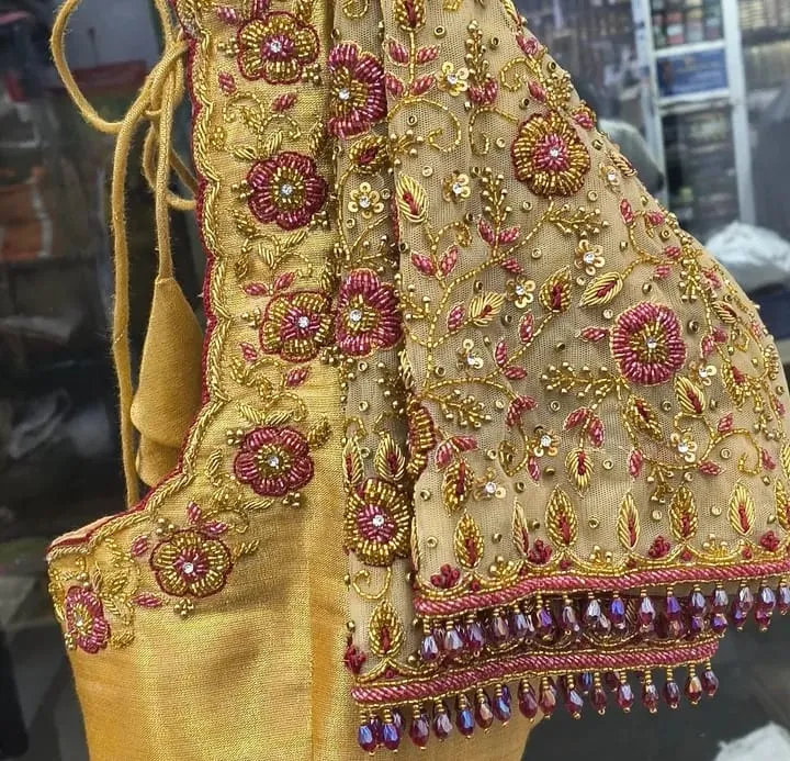 STUNNING Maggam Work Blouse Golden Yellow Tissue mid Affordable Bridal Designer Style - Image 2