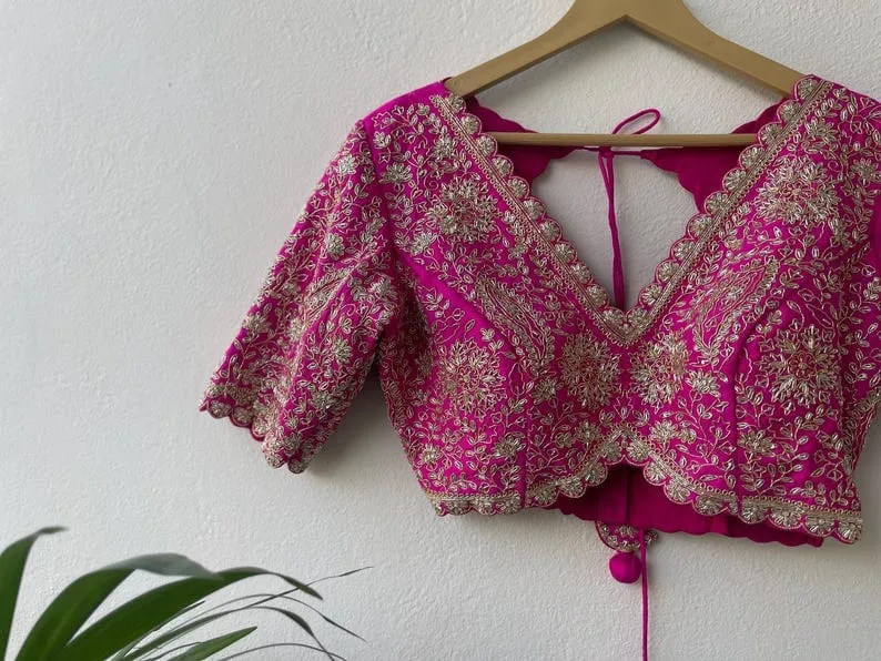 Stunning Pink Bridal Saree Blouse  Heavy Zardosi Cutwork Maggam Design for Weddings