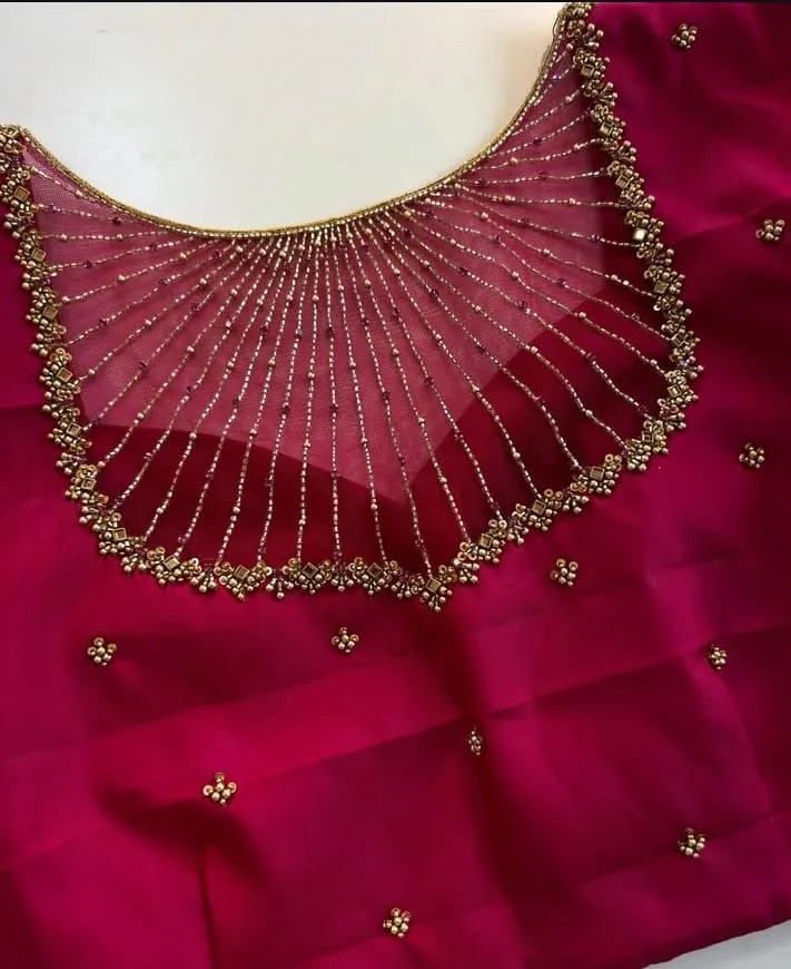 The Ultimate Pink Net Blouse with Layered Maggam Embroidery Amazing Value