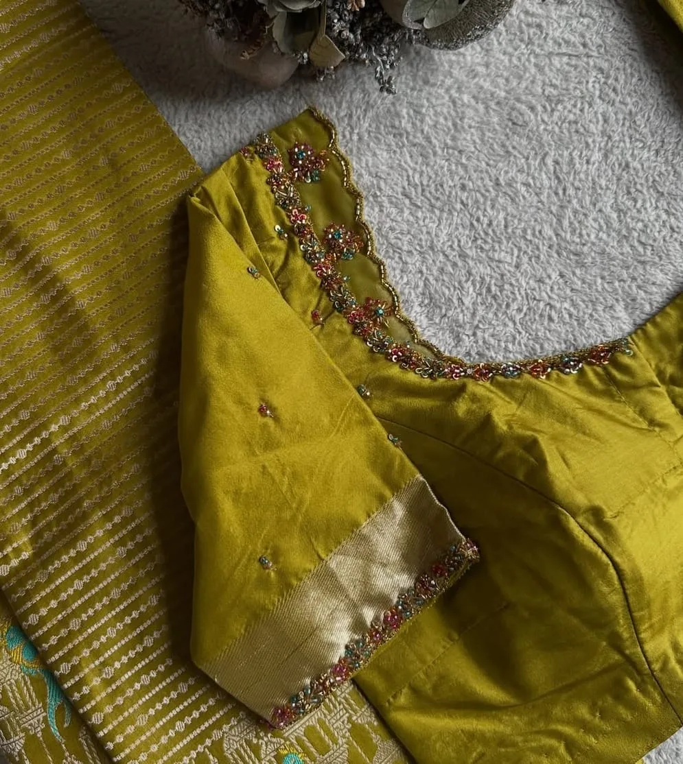 Trendy Mehandi Green Party Wear  Personalized Maggam Aari Blouse Premium Fabric