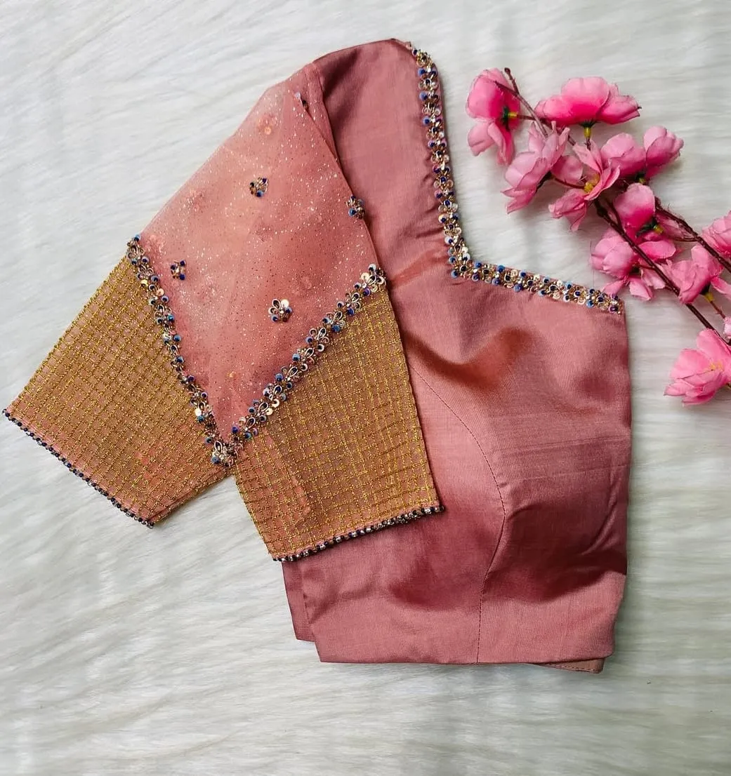 Trendy Peach Net Checks Maggam Work Blouse  Wedding  Festive Collection