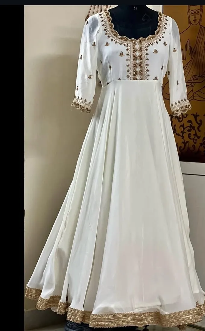 White Designer Long Frock Gown  Handmade Maggam Aari Work for Special Occasions Buy Online