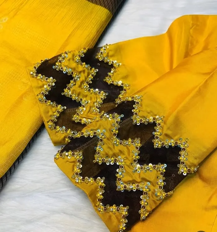 Yellow Net Designer Maggam Work Blouse Shop Now - Image 2