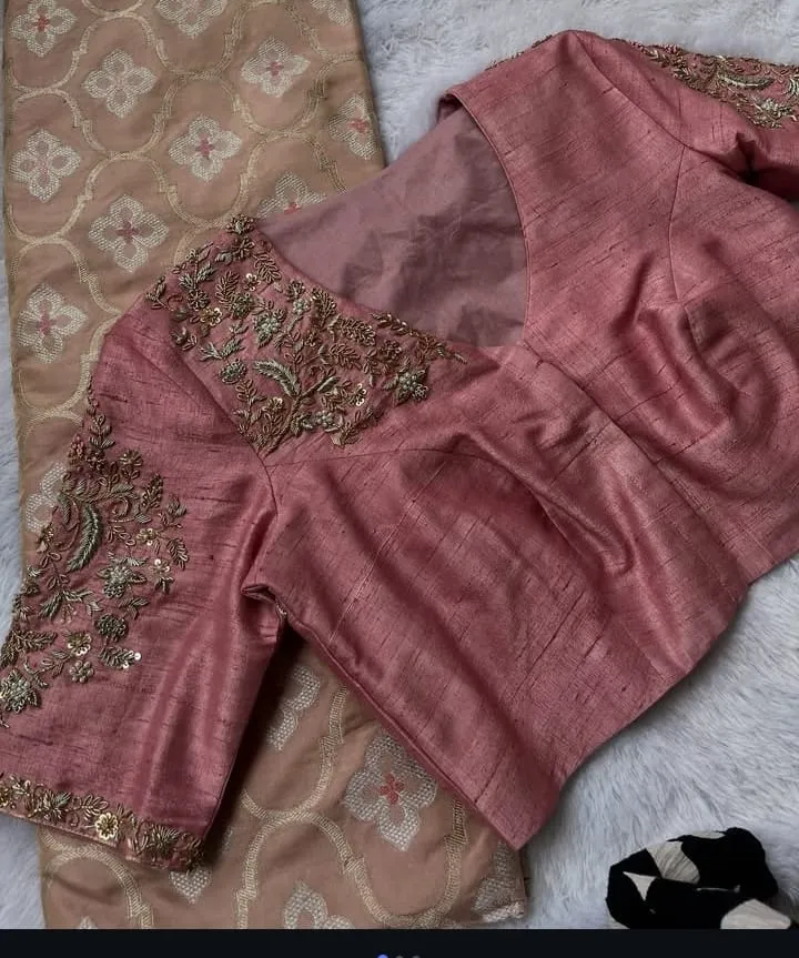 ​Bubblegum Pink Silk Bridal Blouse Trendy Handcrafted Zardosi Maggam Work Boat Neck Wedding Design