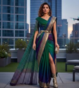 Indo-western draped saree with a high slit and metallic